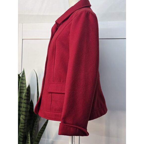 Chicos Full Button Collared Jacket Red Poly Blend Pockets Size 1 M Long Sleeve - Picture 2 of 4